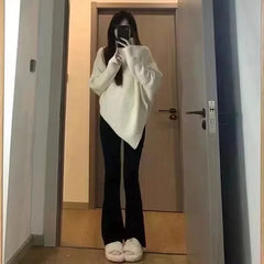 Turtleneck Pullover Poncho for Women Sweater Asymmetric Long Sleeve Knitted Tops Solid Autumn Winter Elegant Casual