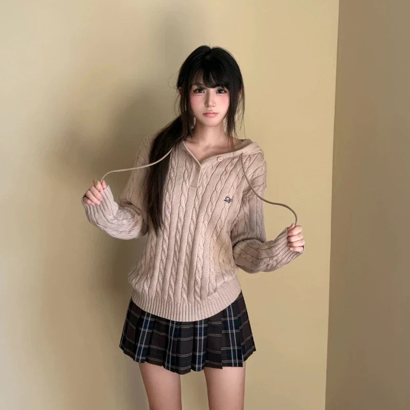 Preppy Style Women Knitted Pullovers Vintage Japanese Style White Hooded Sweaters JK Female Oversized Fashion Pullovers