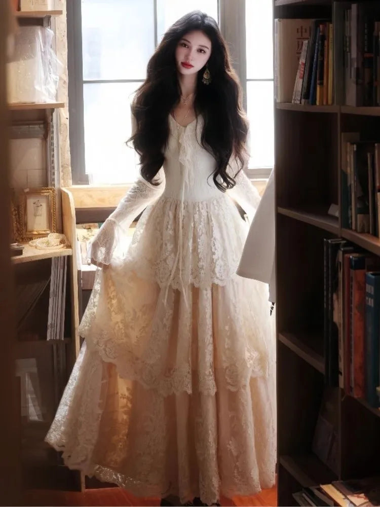 Autumn Women Elegant Lace Patchworke Midi Dress Long Sleeve Vintage Party Prom Vestidos Female Clothing Female Birthday Clothes