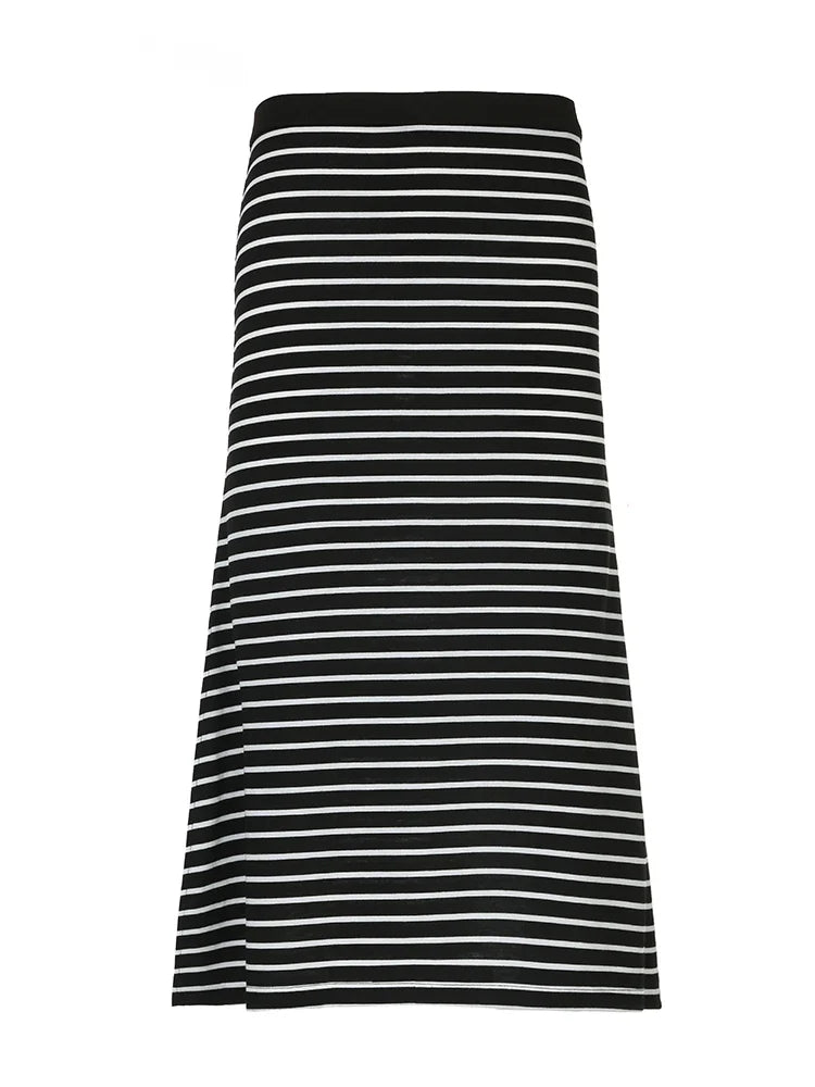 Y2K Black White Stripe Long Skirts Women Split Elastic Waist Basic Elegant Knitted Skirt