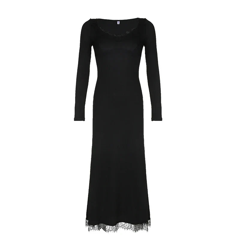 Black Slim Lace Spliced Knit Long Dress