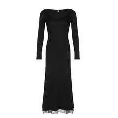 Black Slim Lace Spliced Knit Long Dress