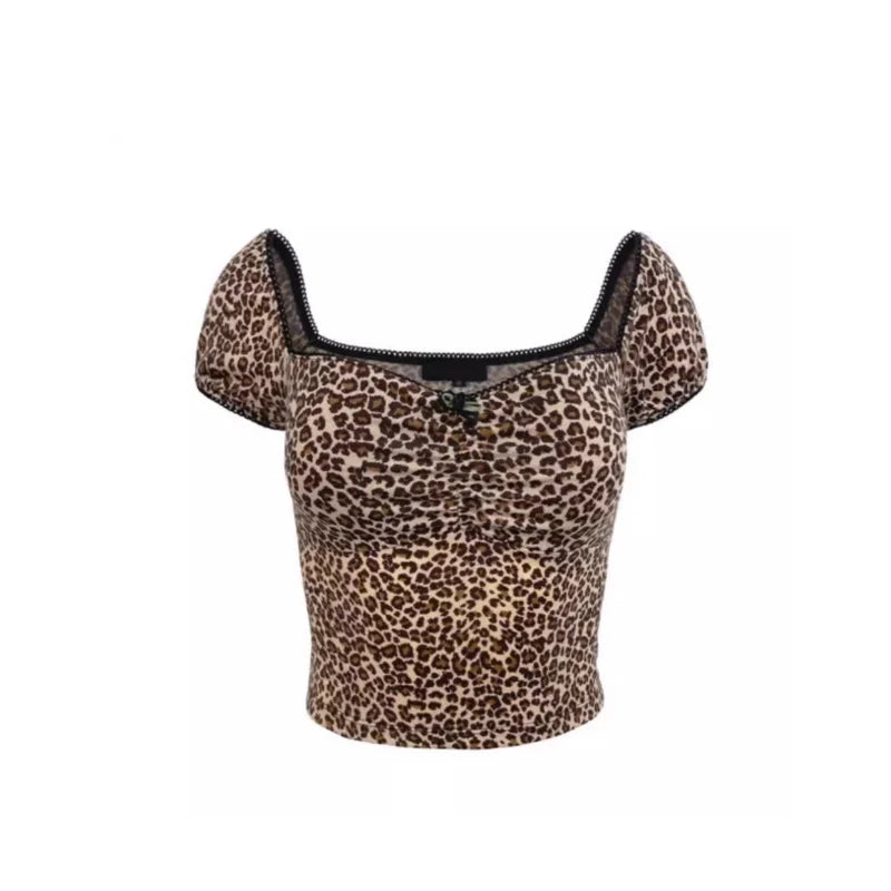 Leopard Print T-shirt Women Y2k Harajuku Slim Crop Top Kpop Korean Vintage Sexy Square Collar Short Sleeve Tee Summer