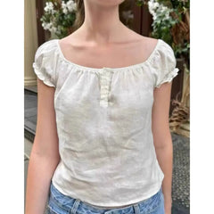 Women Sweet Pink Linen Lace-up Slim T Shirt Summer Buttons O-neck Puff Sleeve Blouse Vintage Preppy Solid Cute Tees Y2k