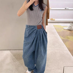 Pbong  Plus Size American Wide Leg Denim Jeans Women Fashionable Drapey Floor-Length Pants Spring Summer New Design Loose Fit Trousers