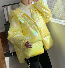 Women's Jacket Colorful Glossy Surface Hooded Cotton Coat Winter Korean Fashion Thicken Parkas Womens Clothing Loose Warm Tops