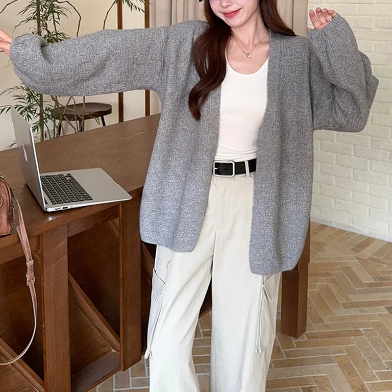 Open Front Knit Cardigan for Women Comfy Balloon Sleeve Open-front Sweater Coat Female Duster Cardi Casual Autumn Winter Outfit