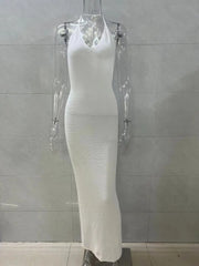 Halter Neck Knit Beach Long Dress Women Solid Color White Sleeveless Dresses For Vacation V Neck Bikini Swimming Sexy Cover-ups