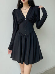 V-Neck Long Sleeve Pleated Party Dress