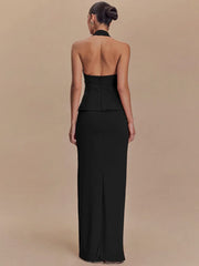 Backless Sexy 2 Piece Sets Women Solid Square Collar Halter Tops And Long Skirt Female Slim Fit Club Two Piece Sets