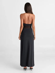 Halter Backless Sexy Maxi Dress Women Gown Mesh Patchwork Sleeveless High Waist Slim Elegant Long Dress Fashion