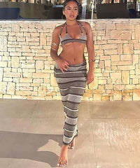 Knit Stripe Crochet Two Piece Set Women Halter Backless Bra +Low Waist Wraps Long Skirt Female Beach Outfits Suit