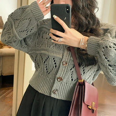 Long Sleeve Pointelle Knit Top Women Sweater Cardigan Sheer Button-up Sweater Jacket blusas para mujer Vacation Boho Outfit