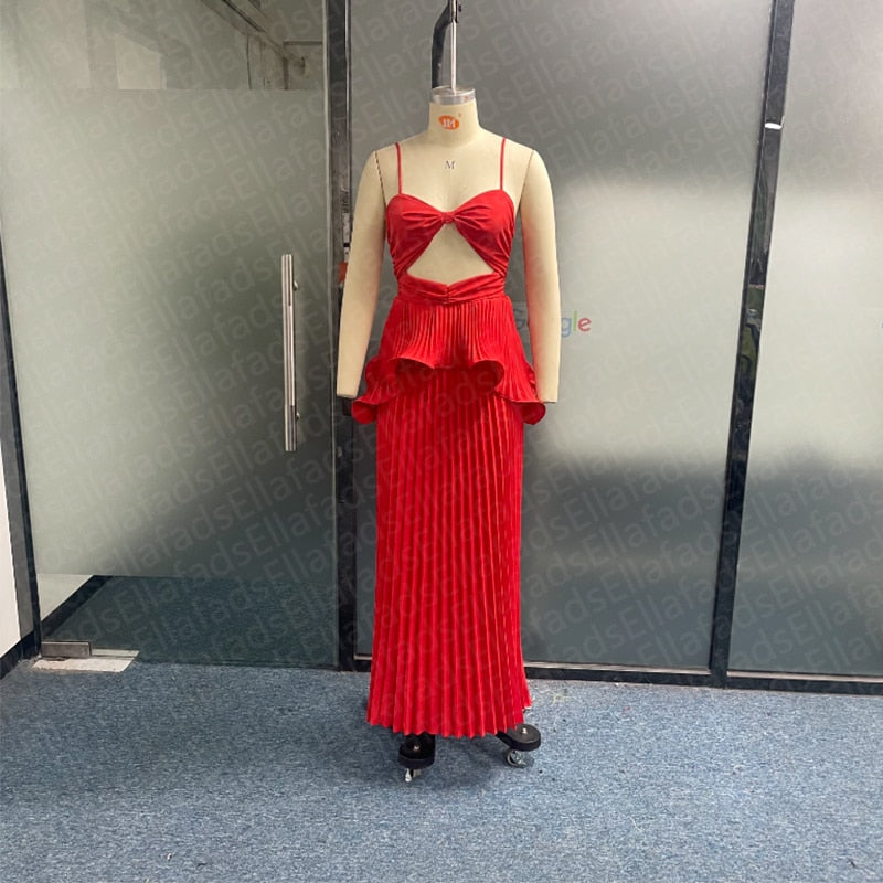 Women Maxi Dress Fashion Solid Suspender Sleeveless V Neck Open Waist Slim Backless Pleated Evening Dresses Streetwear