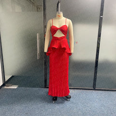 Women Maxi Dress Fashion Solid Suspender Sleeveless V Neck Open Waist Slim Backless Pleated Evening Dresses Streetwear