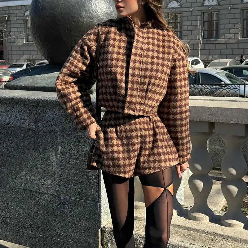 2025 Spring Retro Plaid Women Set Casual Chic Full Sleeve Zipper Jacket High Waist Pockets Shorts NEW Lady Office Suit Commute