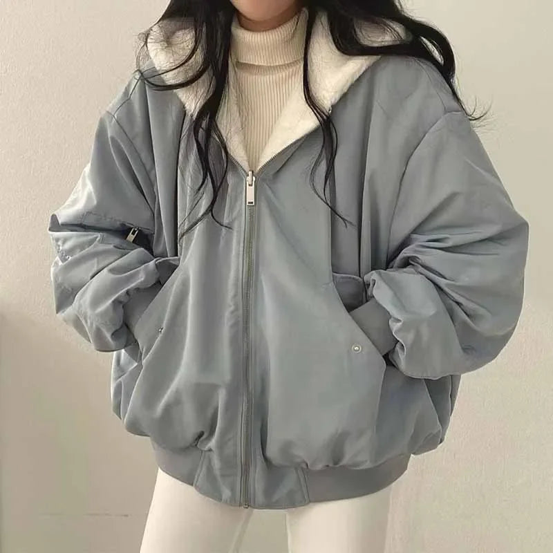 Winter Thicken Warm Parkas Women Fashion Double Sided Hooded Fleece Coat Ladies Korean Loose Long Sleeve Zip Up Jackets