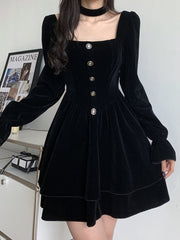 Black Velvet Square Neck Dress