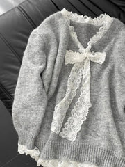 Lazy American Vintage High Street Patchwork Lace V Neck Sweaters Y2k Aesthetic Knitted Long Sleeve Clothing Harajuku Pullovers