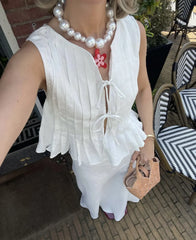 Fashion Bow Lace Up Shirts Women Cotton Linen Hollow Out Sleeveless Pleated Blouses Woman Summer New Casual Lady White Tops