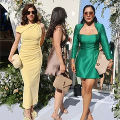 Wrinkle Slim Fit Slit Asymmetric Long Dress Fashion Slanted Shoulder Party Dress New Elegant Chic Yellow Tight Vestidos