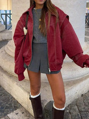 Fashion Patchwork Lapel Long Sleeve Coats Women Vintage Red Zipper Pu Leather Jacket Autumn Winter Female Casual Outerwear