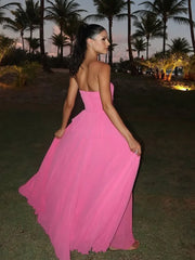 Women Pink Pleated Puff Hem Maxi Dress Sexy Backless Sleeveless Strapless High Waist Long Dresses Elegant Evening Party Robes
