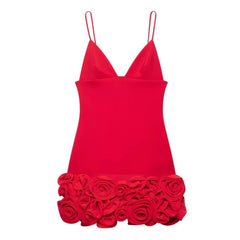 Fashiona 3D Red Flower Short Dress V-neck Zipper Sexy Holiday Party Dress For Summer New Tight Vestidos Woman Clothing