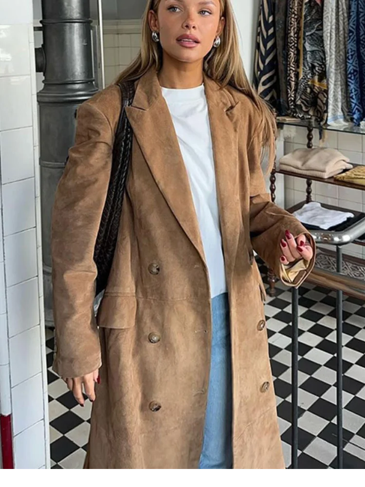 Elegant Suede Leather Belt Long Windbreaker Coat Fashion Double Button Lapel Oversize Jacket Autumn High Quality Streetwear