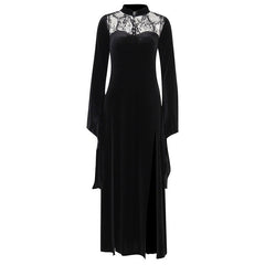 Halloween Party Long Dress Black High Waist Flared Sleeve Lace Cutout Gothic Maxi Dress Street Aesthetic Clubwear Maxi Dress