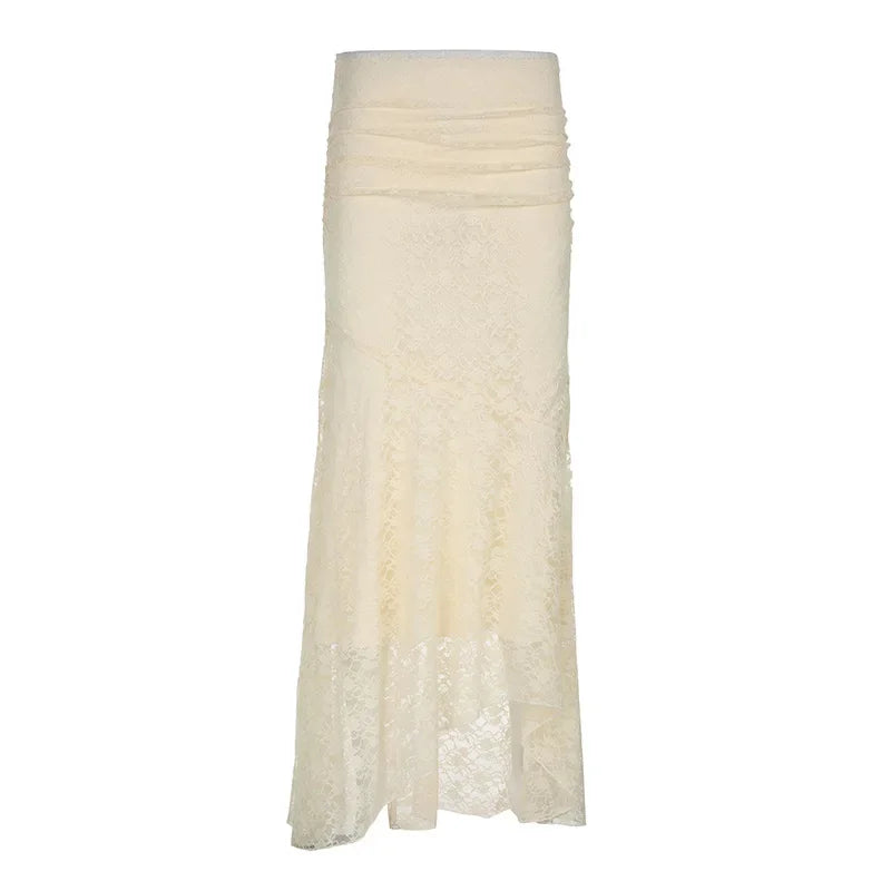 Lace Mesh Splice Long Skirts For Women  See Through Sexy High Waist Maxi Skirt Femme Club Hollow Out Skirts Ladies