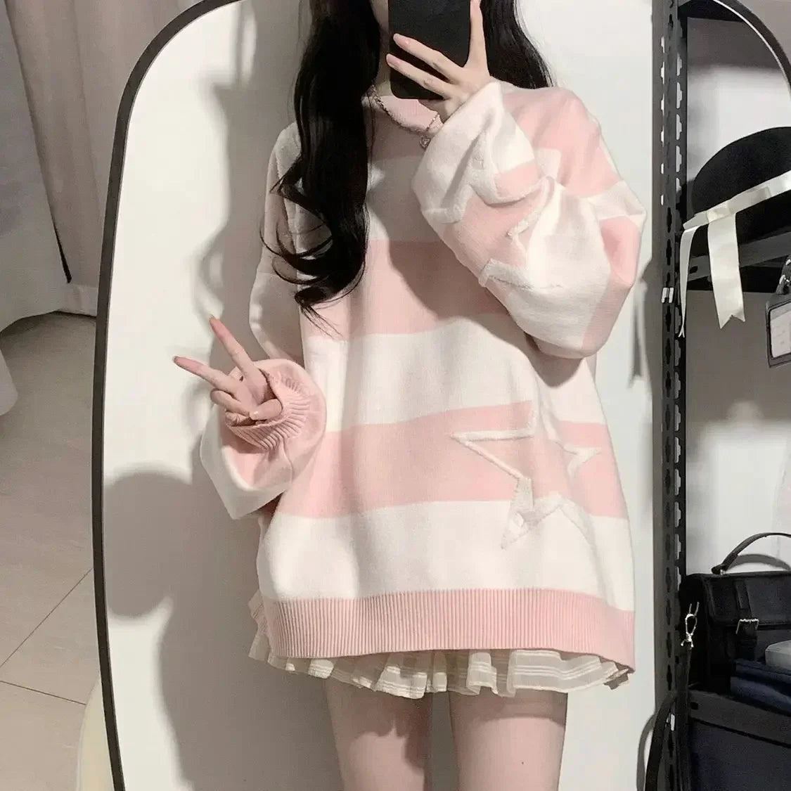 Harajuku Sweet O Neck Long Sleeve Sweaters Y2k Aesthetic Star Design High Street Girl Jumpers American Punk Striped Clothing