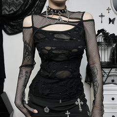 Gothic Mesh Hole Long Sleeve T-Shirts Women's Mock Neck Slim Fit Fishnet Sheer Blouse Cut Out Rave Tops See Through Top