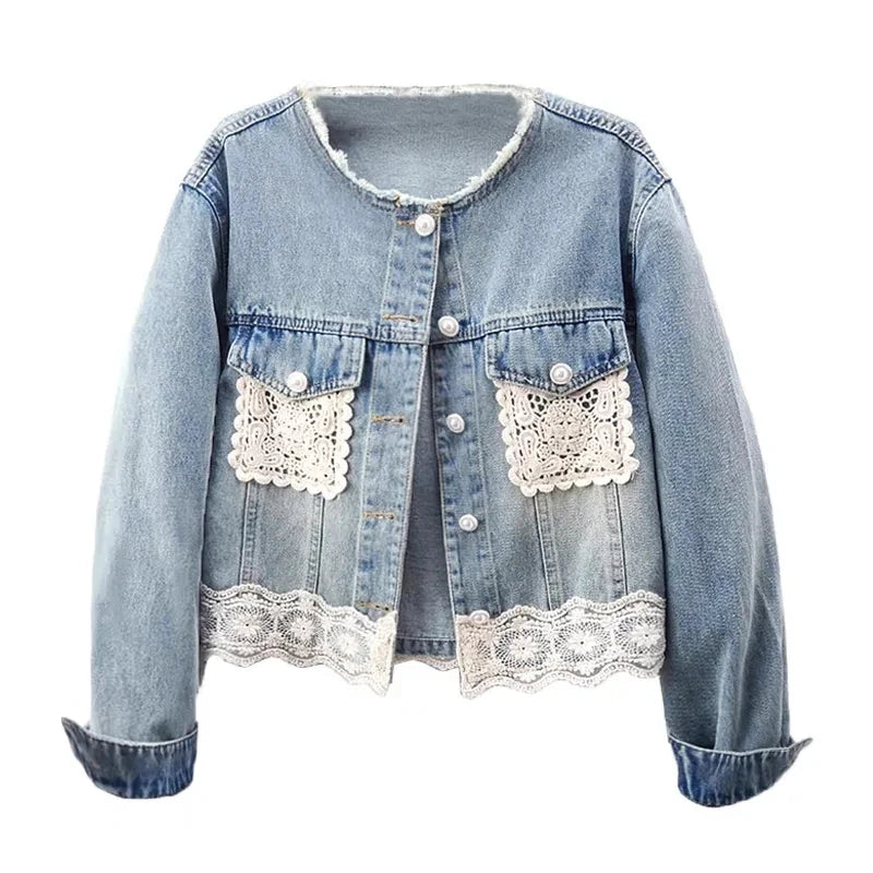 Women's Denim Jacket 2025 Spring Autumn Korean Version High-grade Lady Outerwear Round Neck Long-sleeve Ladies Short Cowboy Coat