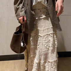 Korean Fashion Skirts Gentle Heavy Industry Vintage French Hollow Out Hook Flower Design Knit Skirt Vintage A-line Skirt