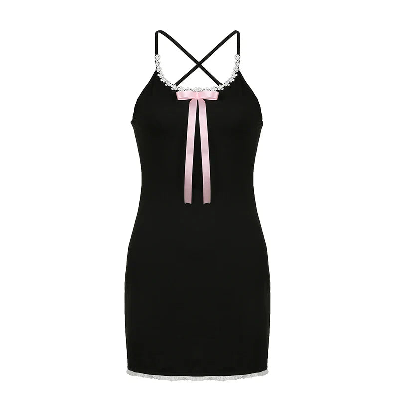 Black Lace Bow Halter Backless Dress