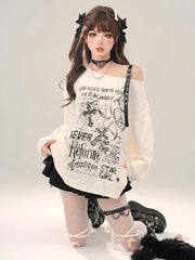Gothic Vintage Oversize Long sleeve T shirt Women Sweet Sexy Off shoulder Tops Spring Autumn Fashion Holes Basic Tees