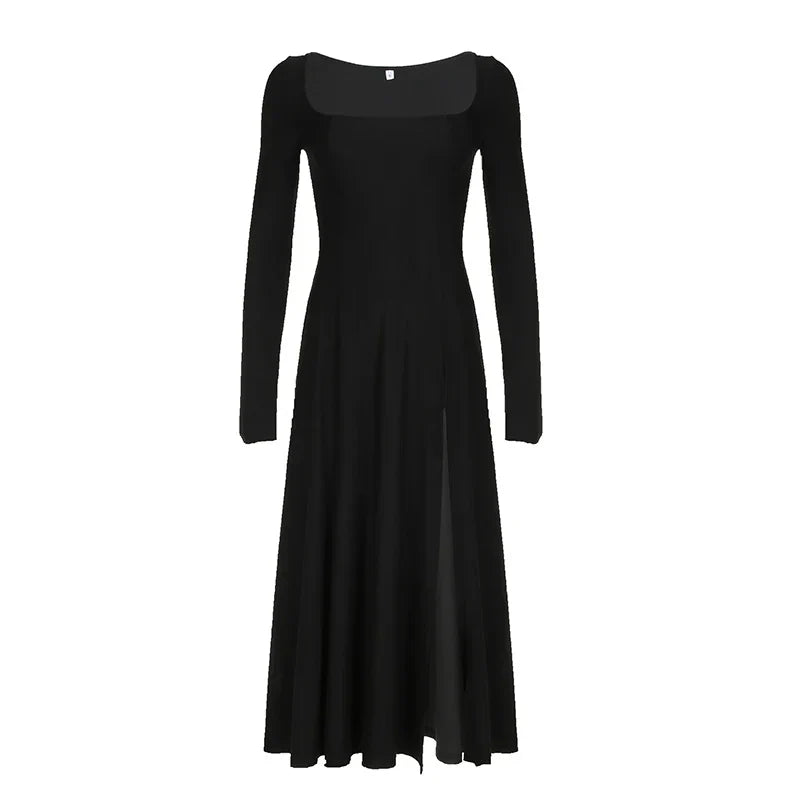 Elegant Black Square Neck Sexy Side Slit Dress