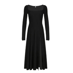 Elegant Black Square Neck Sexy Side Slit Dress