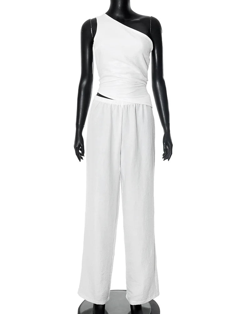 Fashion White Pant Sets Women's Sleeveless Slanted Shoulders Back Hollow Vest Lace Up Casual Trousers Two Pieces Set Lady