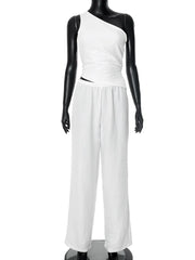 Fashion White Pant Sets Women's Sleeveless Slanted Shoulders Back Hollow Vest Lace Up Casual Trousers Two Pieces Set Lady