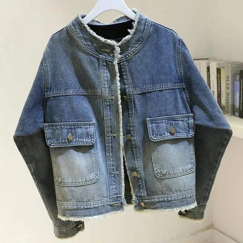 New 2025 Women's Denim Jacket Retro Round Neck Elegant Ladies Leisure Comfortable LooseTemperament Female Cowboy Coat