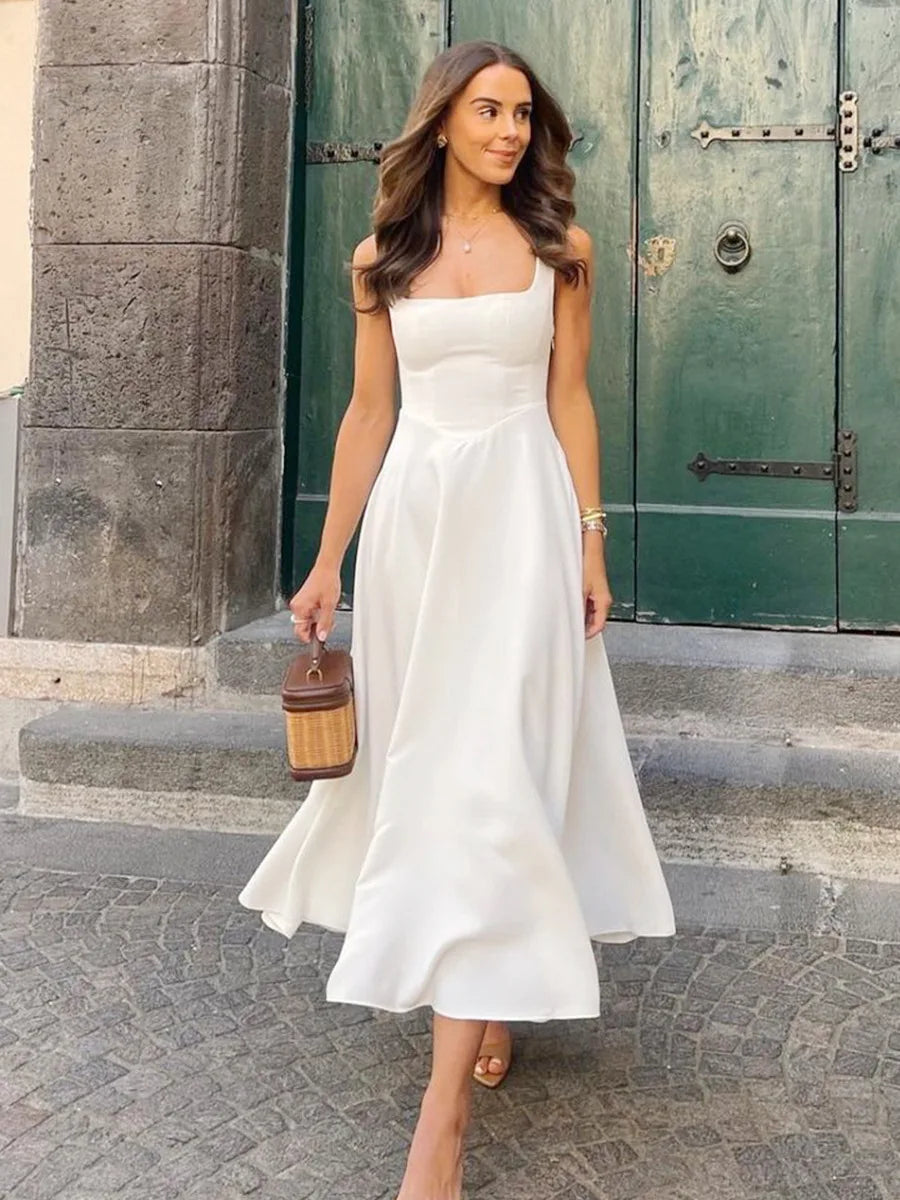 Elegant Square Collar White Long Dress 2025 New Summer A-line Sleeveless Tank's Dress Fashion Vacation Party Wedding Women Dress