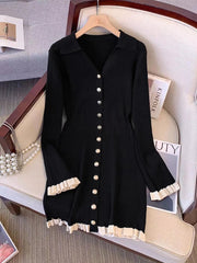 Autumn Winter French Fashion Old Money Long Sleeve Knit Dress Women 2000s V-Neck Frock Mini One-Piece Vintage Coquette Elegant