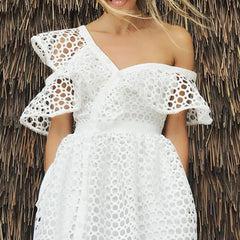 Elegant Hollow Out Lace Dress Women Sexy Inclined Shoulder V Neck Ruffles Party Dresses Summer White A Line Long Dress
