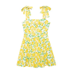 Yellow Lemon Print Cute Chic Short Dress Square Collar Beach Street Fashion Women Dress New A-line Pleat Summer Slip Dress