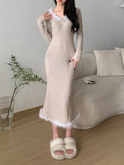Fur Trim Knitted Slim Casual Long Dress