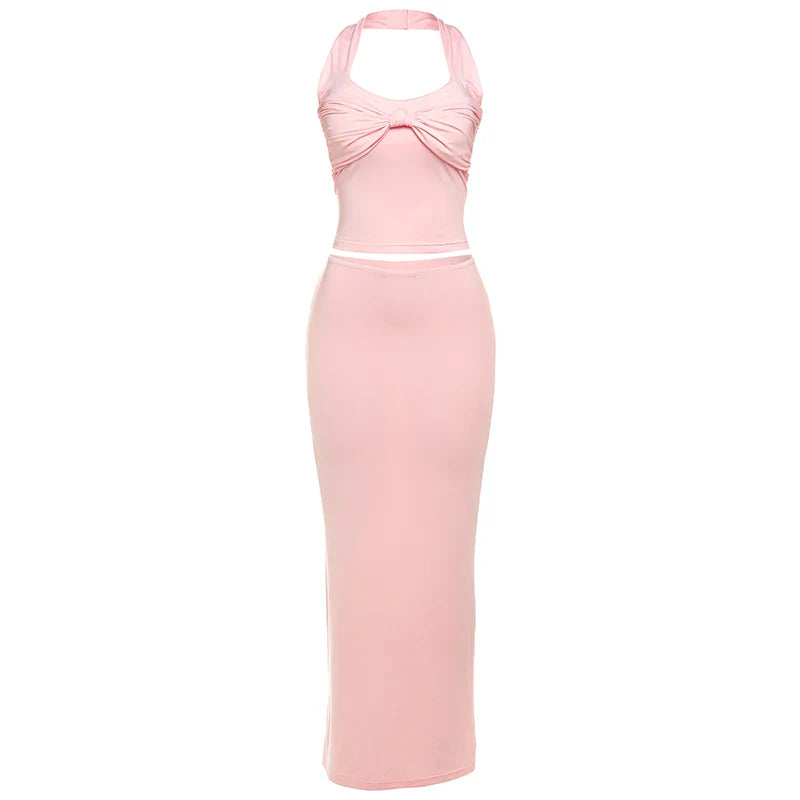 Sexy Women 2 Piece Set Halter Solid Pleated Knot Backless Y2K Tank Tops+Skirts Vacation Party Elegant Matching Suits