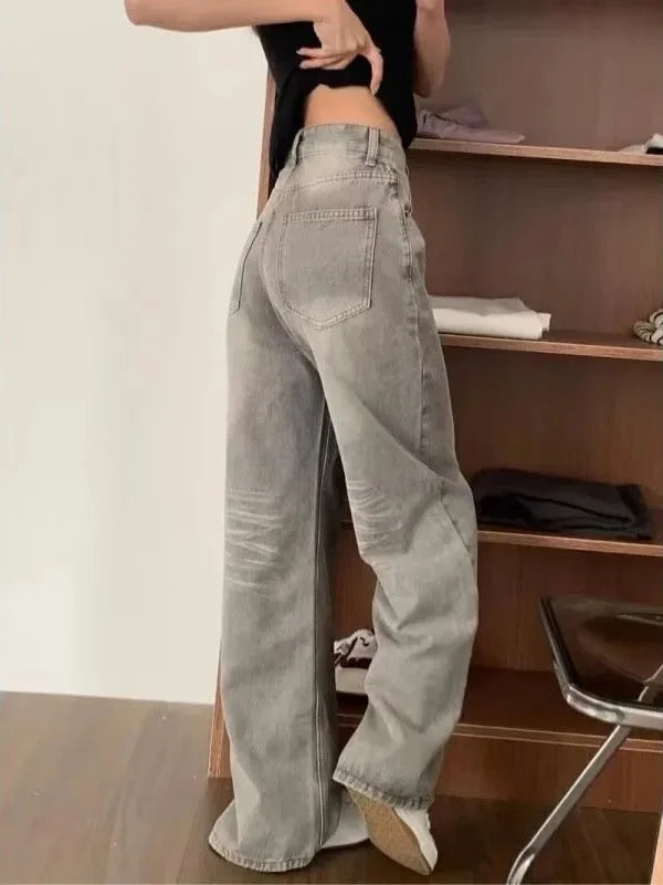 Pbong  High Waist Wide Leg Jeans Women's Vintage Spring Autumn Slimming Straight Floor-Length Pants American Style Loose Fit