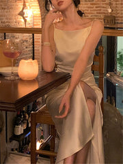 Strapless Dress Women Elegant Summer Fashion Evening Party Lady Vestido Vintage Spring Female Clothes Midi Satin Dresses